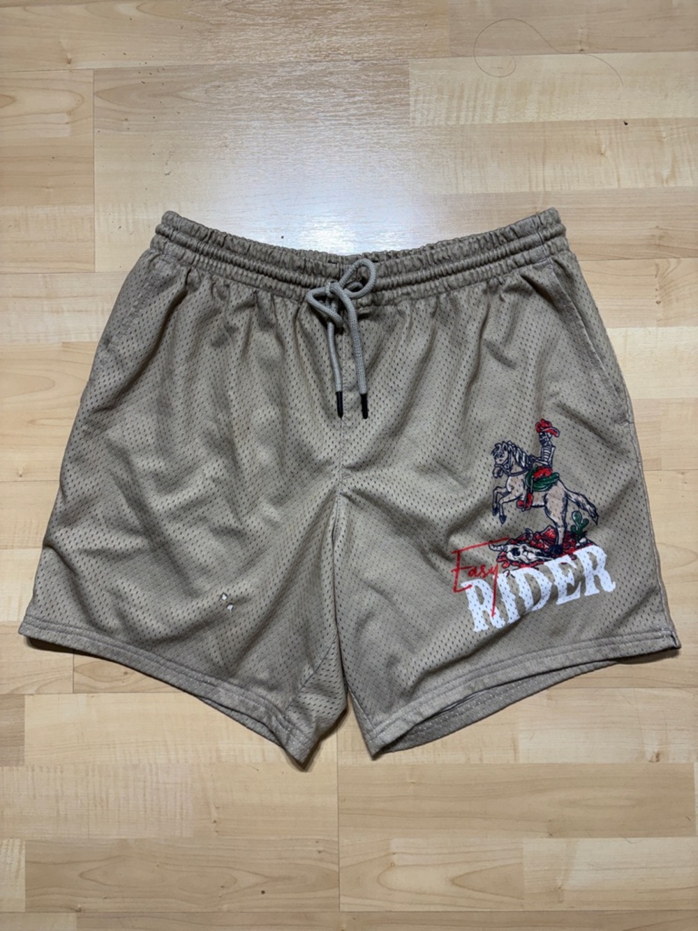 Retrofit Taupe Athletic Mesh Shorts with Multicolor Rider Embroidery